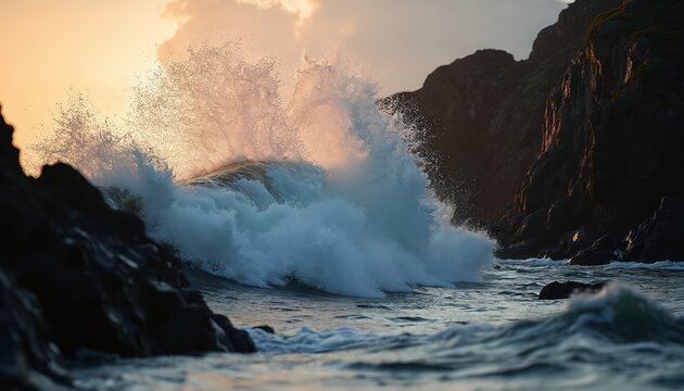 Close-up wave crashes on rocky shore at sunset. Warm light casts long shadows on water, rock. Energy, movement showcased along rugged coastline. Coastal nature scene. - Powered by Adobe