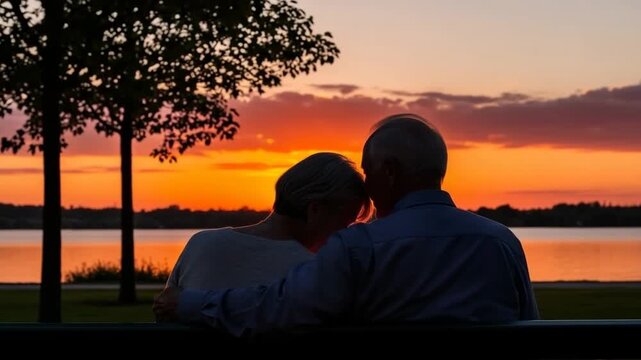 Senior couple sunset view from park bench by lake, enjoying quiet evening together. Sunset view is beautiful and inspiring, silhouettes of mature adults evoke peace and togetherness.