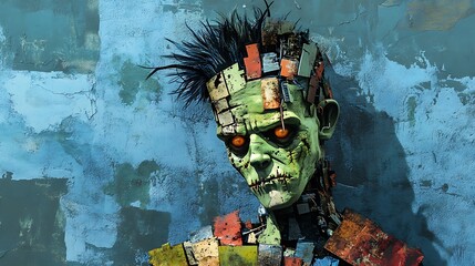 Halloween-themed Frankenstein with a patchwork body and a bolt hairstyle