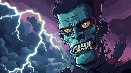 Cartoon Frankenstein with an evil grin and lightning effects for Halloween
