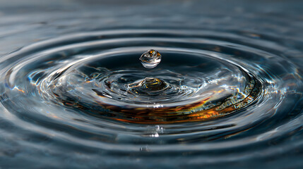 A single water drop falls into a still body of water, creating a series of concentric ripples.
