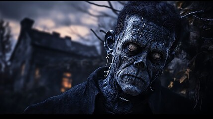 Spooky Frankenstein monster with stitched-up face and eerie Halloween surroundings