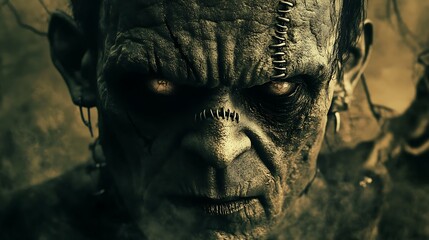 Spooky Frankenstein monster with stitched-up face and eerie Halloween surroundings
