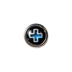 Fototapeta premium Close-up of a circular, metallic button. A stylized blue plus sign is centered on a black background, within a polished silver/gray ring