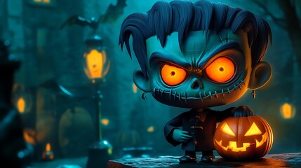Halloween Frankenstein-style cartoon character with a pumpkin and glowing eyes