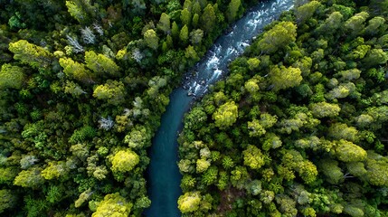 Aerial View of River Flowing Through Lush Green Forest Canopy