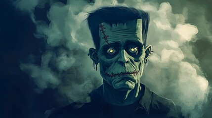 Cartoon Frankenstein with a stitched-up face and a spooky Halloween fog