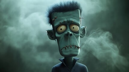 Cartoon Frankenstein with a stitched-up face and a spooky Halloween fog
