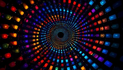A vibrant, colorful tunnel effect, composed of numerous small, geometric shapes, radiating outward in a hypnotic spiral pattern, creating a dazzling visual spectacle.