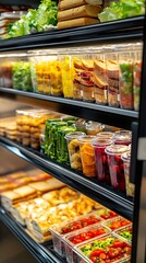 Refrigerated Display Case Featuring Prepared Food Sandwiches, Salads, Vegetables, and Other Entrees for Sale
