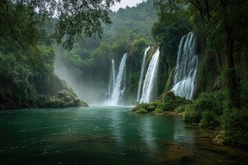 Fototapeta premium Majestic waterfalls cascading into a tranquil pool, surrounded by lush greenery