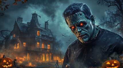 Frankenstein character in a spooky Halloween scene with a haunted mansion