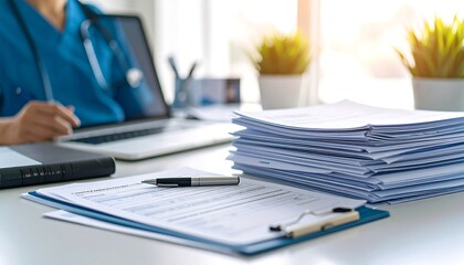 Medical office desk with paperwork