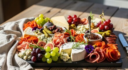 Colorful charcuterie board with cheeses, meats, fruits, and olives