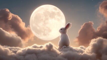 満月の光を浴びる、雲の上にいるウサギ