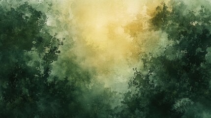 Obraz premium A serene watercolor depicting lush green foliage with a soft golden glow, evoking tranquility and connection with nature.