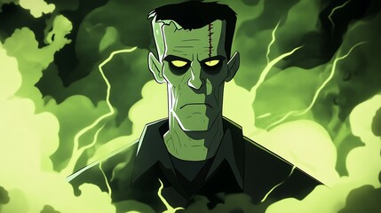 Frankenstein-inspired Halloween cartoon with a lightning bolt shirt and spooky fog