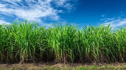 Sugar Cane Field Under a Blue Sky with Wispy White Clouds