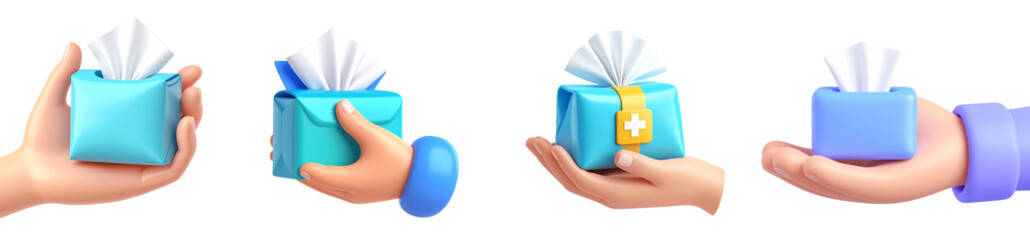 Hand holding tissue box blue tissue box medical tissue pack healthcare concept clean and fresh cartoon style 3D illustration hygiene soft paper isolated on transparency background
