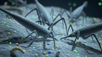 bacteriophages attaching to the surface of an E. coli cell, their spindly legs gripping like alien landers