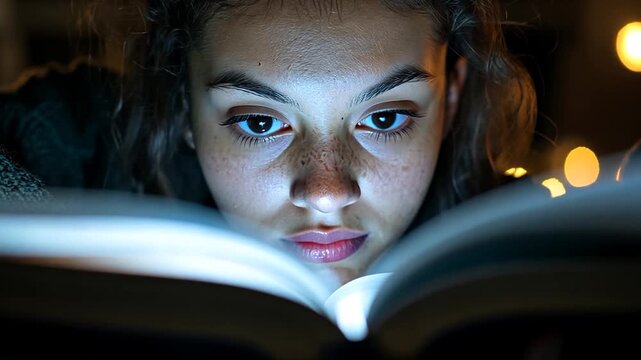 Close Up Of A Woman Reading Book Illuminated By Light In A Dark Room With Bokeh Background For Adobe Stock