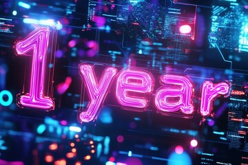 Bright neon text displays "1 year" amidst futuristic digital bac