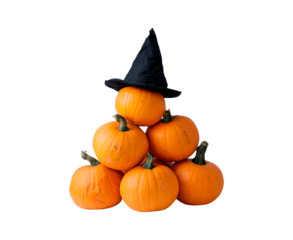 Halloween pumpkins pyramid with witch hat on transparent background, PNG