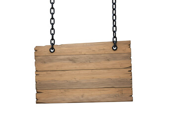 Rustic Wooden Sign Hanging on Chains Against Black Background isolated on transparent background