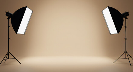Studio Lighting Setup with Two Softboxes on Beige Background.