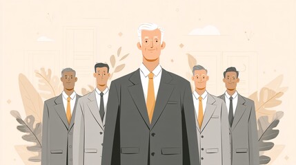 of professionals looking toward a central figure on pastel beige background, symbolizing guidance, respect, and leadership hierarchy, minimalist flat design suitable for corporate training or 