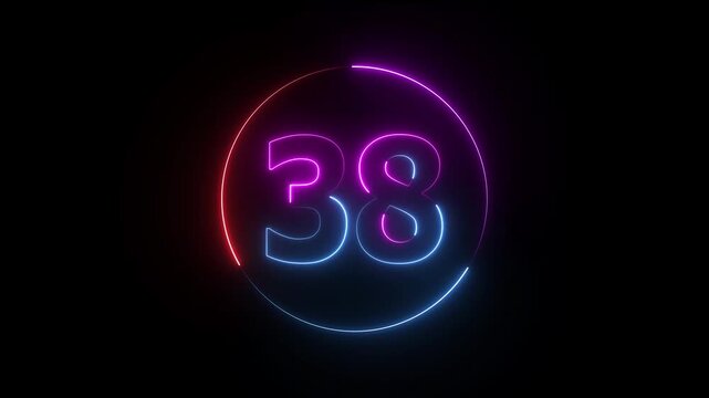 A dynamic circular animation, and glowing neon number 38 animation . on a black background. and creating a stunning video 4k video