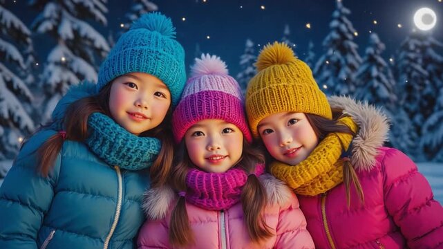 Winter Wonderland Sisters: Three adorable children, bundled in winter attire, smile warmly against a serene backdrop of snow-covered trees and a soft, winter's night sky.