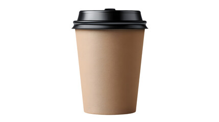 A single disposable coffee cup with a black lid on a transparent background, perfect for mockups and designs
