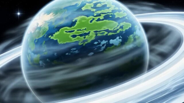 Exploring a world beyond the outdated flat earth theory, this ringed planet's celestial map reveals vibrant green continents