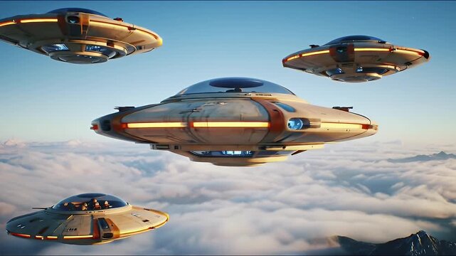 Pixelated Ufos Hovering over Clouds in Clear Blue Sky Retro Sci-Fi Theme