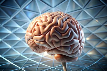 A highly realistic close-up of a human brain model showcasing intricate folds and details of anatomy, displayed against a geometric futuristic background
