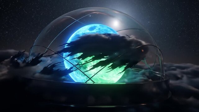 A surreal digital illustration exploring the flat earth map theory, with a glowing planetoid contained under a glass dome amid cosmic clouds