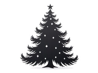Classic Christmas Tree Silhouette in Black and White with Star and Decorative Lights, Vector Illustration on White