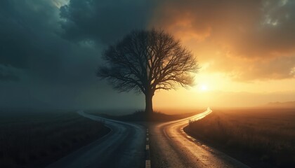 Fork in road, dark path splits from light path under bare tree. Foggy mist at sunrise sunset. Symbolic choice, decision making concept, journey contrast, diverging ways, uncertain future, hope