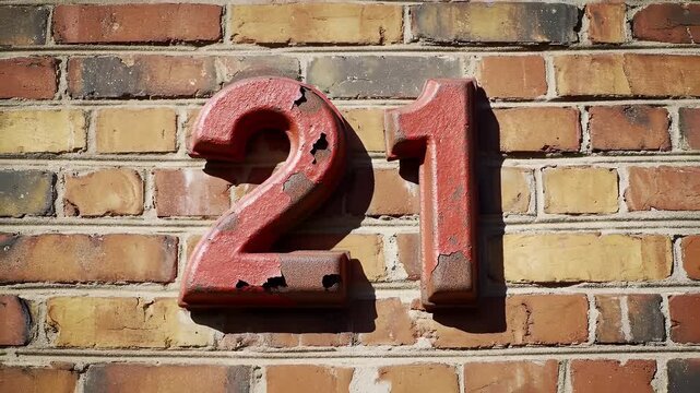 Rusted Red Metal Number 21 on a Textured Brick Wall with Weathered Appearance and Shadows