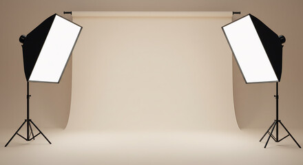 Studio Photography Setup with Softbox Lights and Seamless Background.