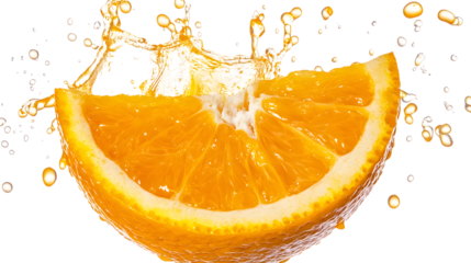 A slice of orange with juice splashing on a transparent background, perfect for mockups and designs, showcasing freshness
