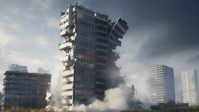 Collapsing Building: The crumbling facade of a skyscraper evokes a sense of destruction, disaster, and urban decay amidst a scene of post-apocalyptic desolation.