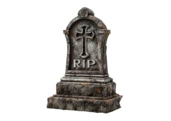 Weathered stone gravestone with cross and rip inscription on transparent background, PNG