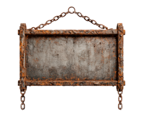 Rusty metal sign with chains on transparent background, PNG