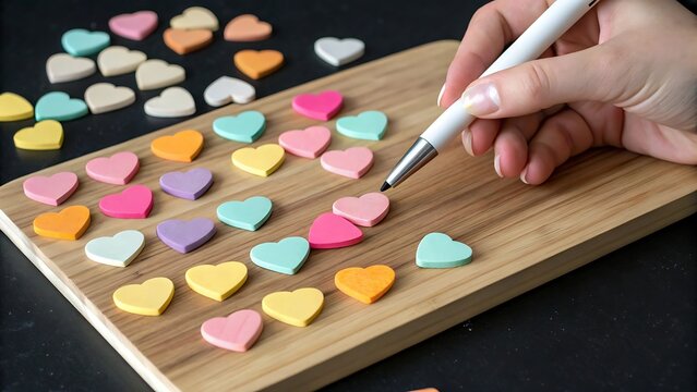 Artistic Arrangement of Colorful Heart Shaped Candies on a Wooden Board with Hand Detailing with a White Pen for Sweet Treats