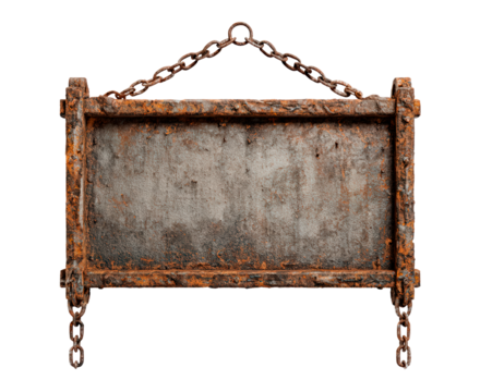 Rusty metal sign with chains on transparent background, PNG
