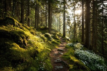 Obraz premium Sunlit forest path through moss-covered rocks