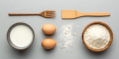 Baking Essentials Flat Lay of Ingredients and Utensils for Culinary Creations Featuring Flour Eggs Milk and Wooden Tools on a Gray Surface