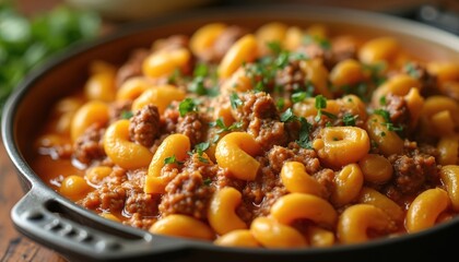 Hearty macaroni, cheese casserole in black cast iron skillet. Beef chunks, browned, green herbs on top. Comfort food, dinner, family recipe, homemade dish, creamy, cheesy, beefy, savory, traditional,